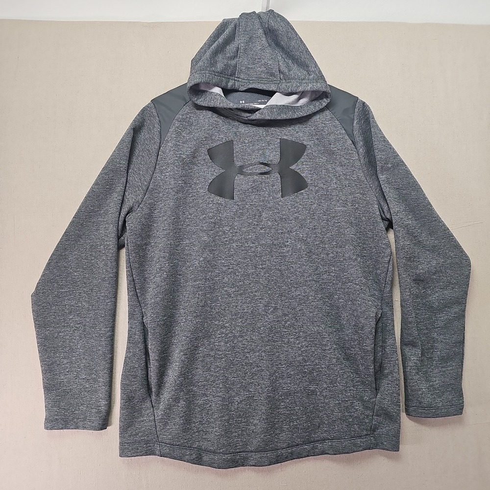 Under Armour Men's Large Gray Loose‎ Fit Hoodie Coldgear Big Logo Black Pockets
